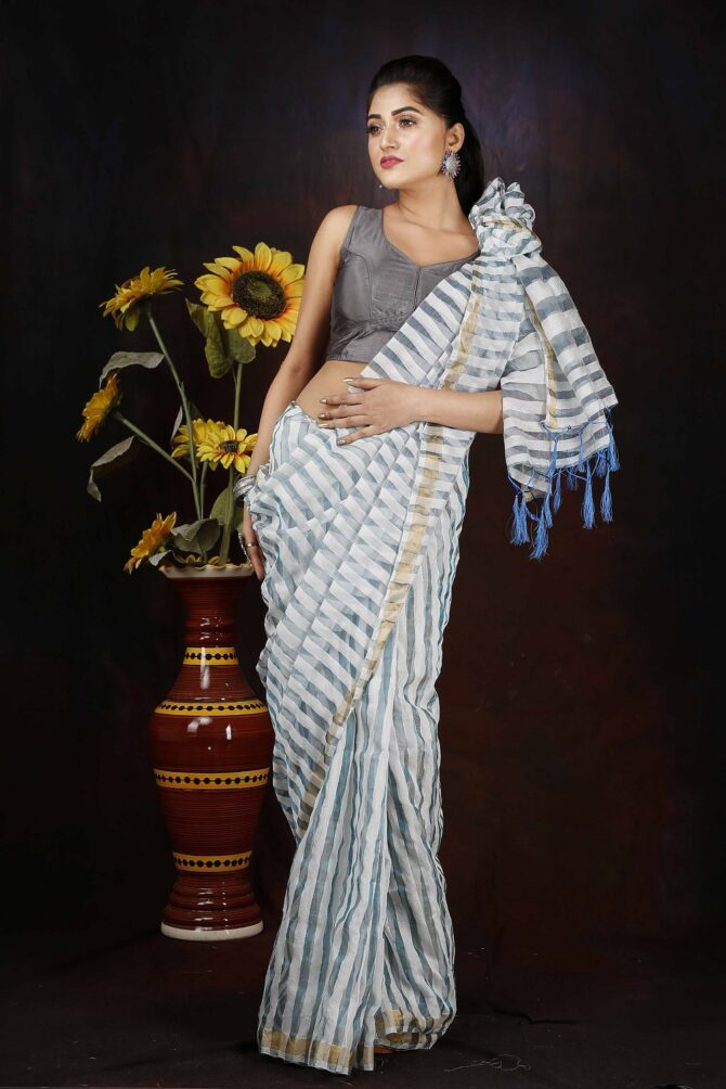 Silver Tissue Linen Solid Saree