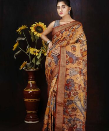 Brown Kalamkari Linen Digital Print Saree