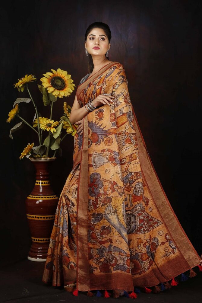 Brown Kalamkari Linen Digital Print Saree