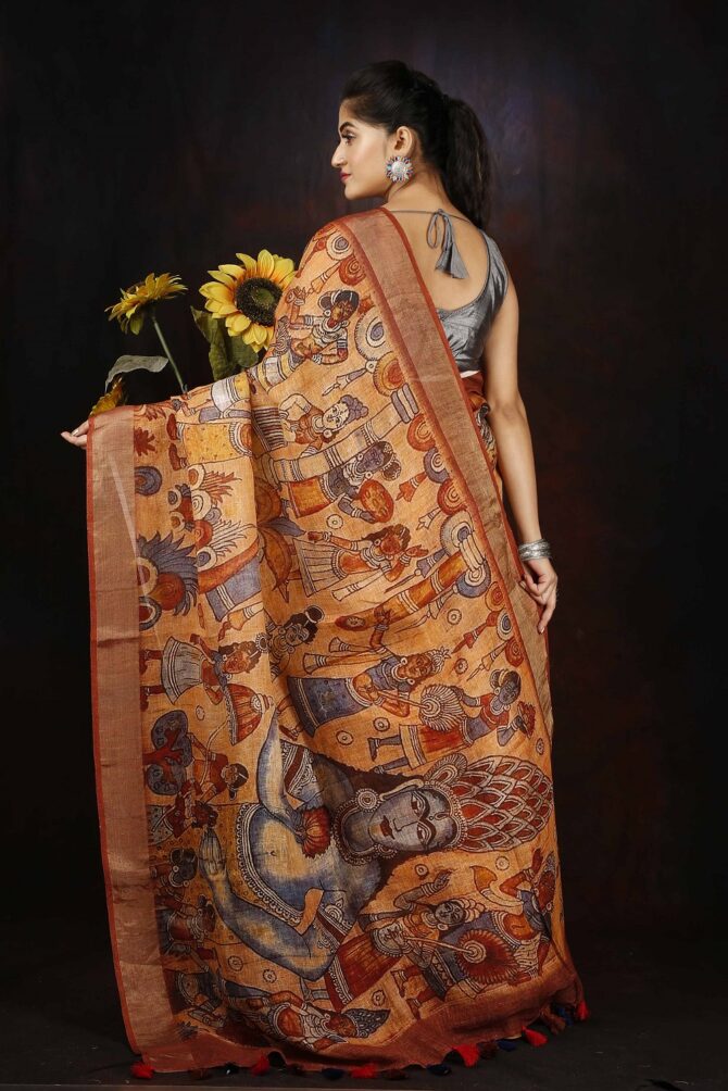 Brown Kalamkari Linen Digital Print Saree