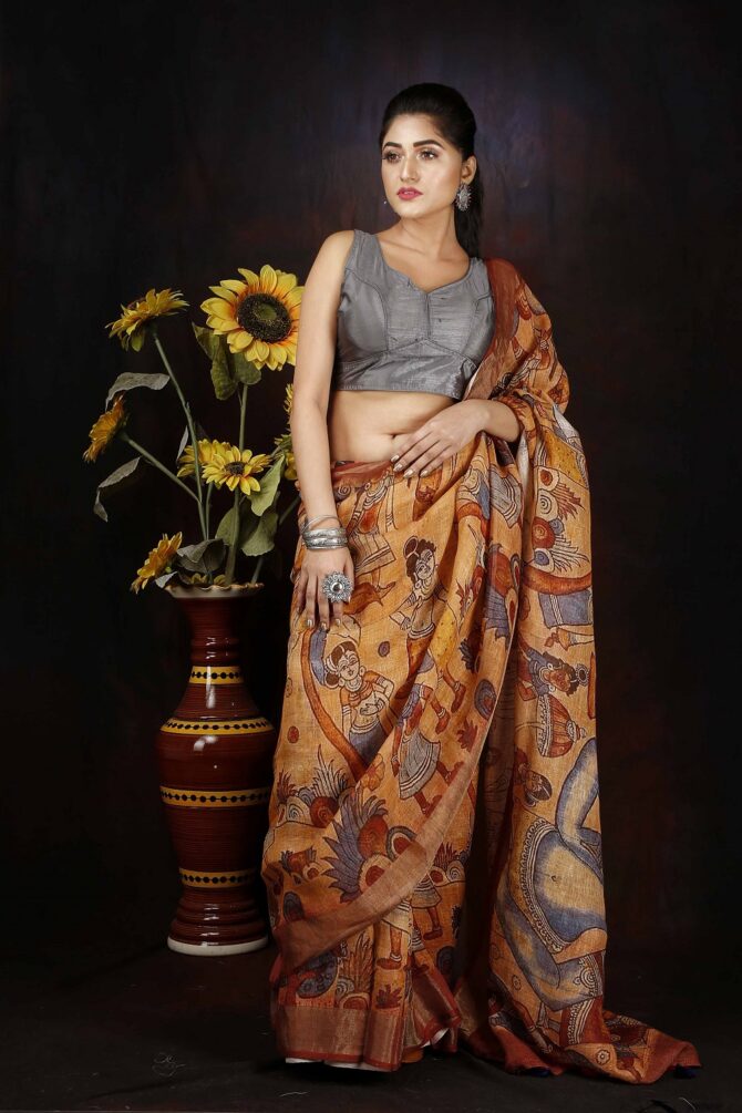 Brown Kalamkari Linen Digital Print Saree