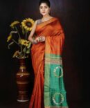 Metallic Orange and Green Dupion Silk Saree