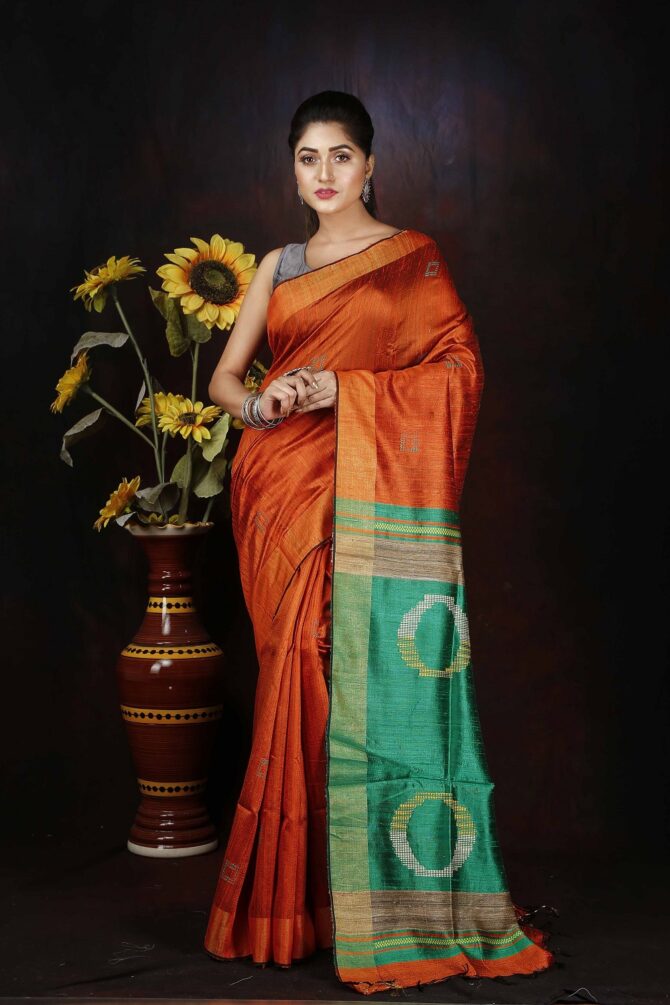 Metallic Orange and Green Dupion Silk Saree