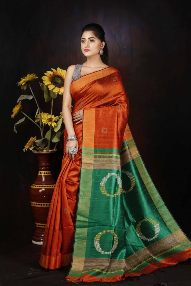 Metallic Orange and Green Dupion Silk Saree