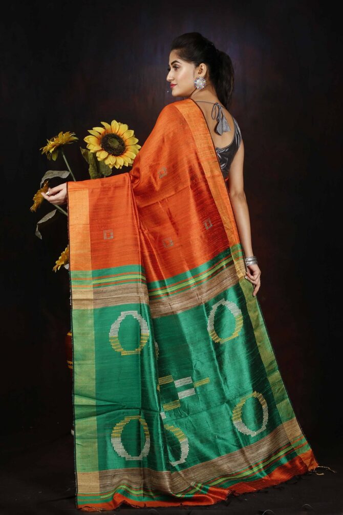 Metallic Orange and Green Dupion Silk Saree
