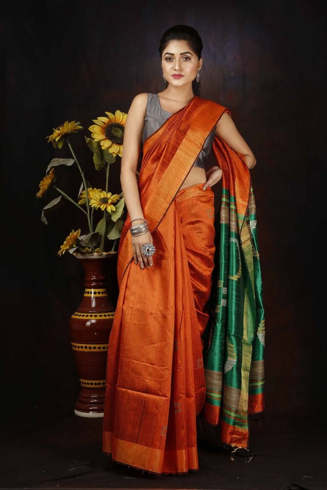 Metallic Orange and Green Dupion Silk Saree