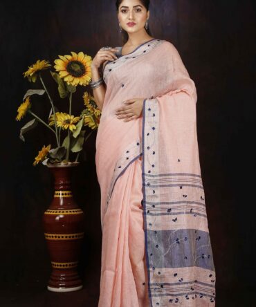 Light Pink Embroidery Linen Saree