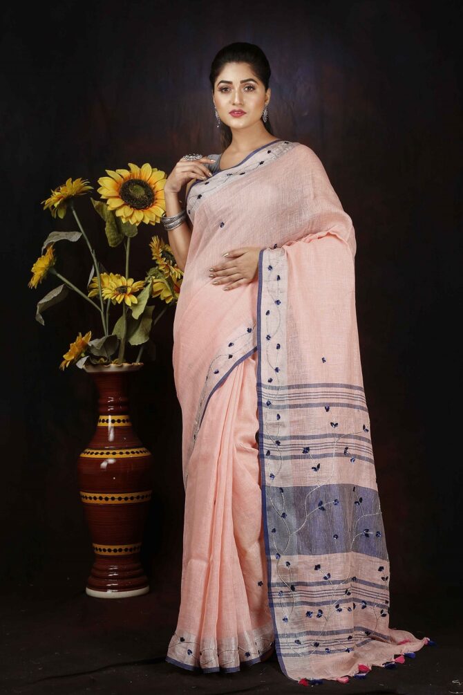Light Pink Embroidery Linen Saree