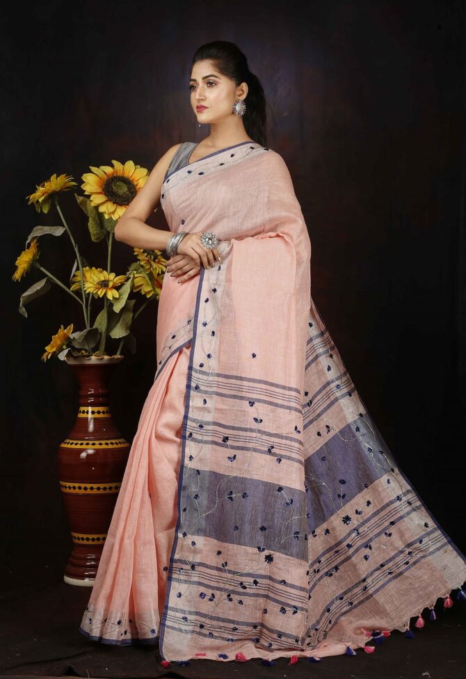Light Pink Embroidery Linen Saree