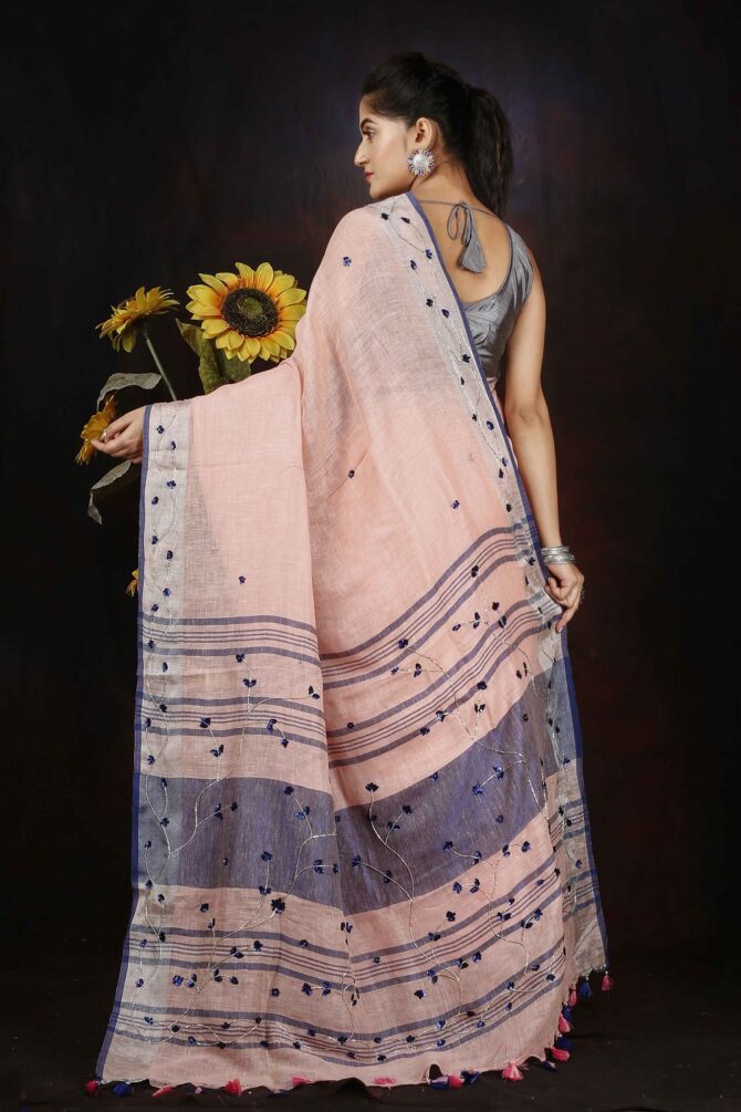 Light Pink Embroidery Linen Saree