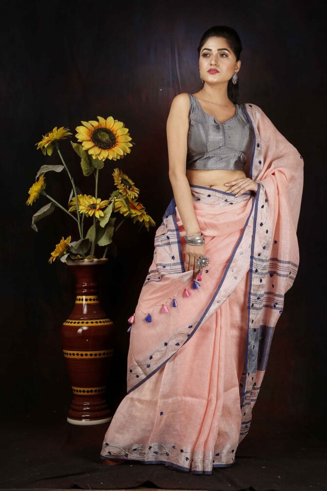 Light Pink Embroidery Linen Saree