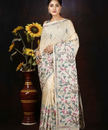 Cream Floral Embroidery Pure Tussar Saree