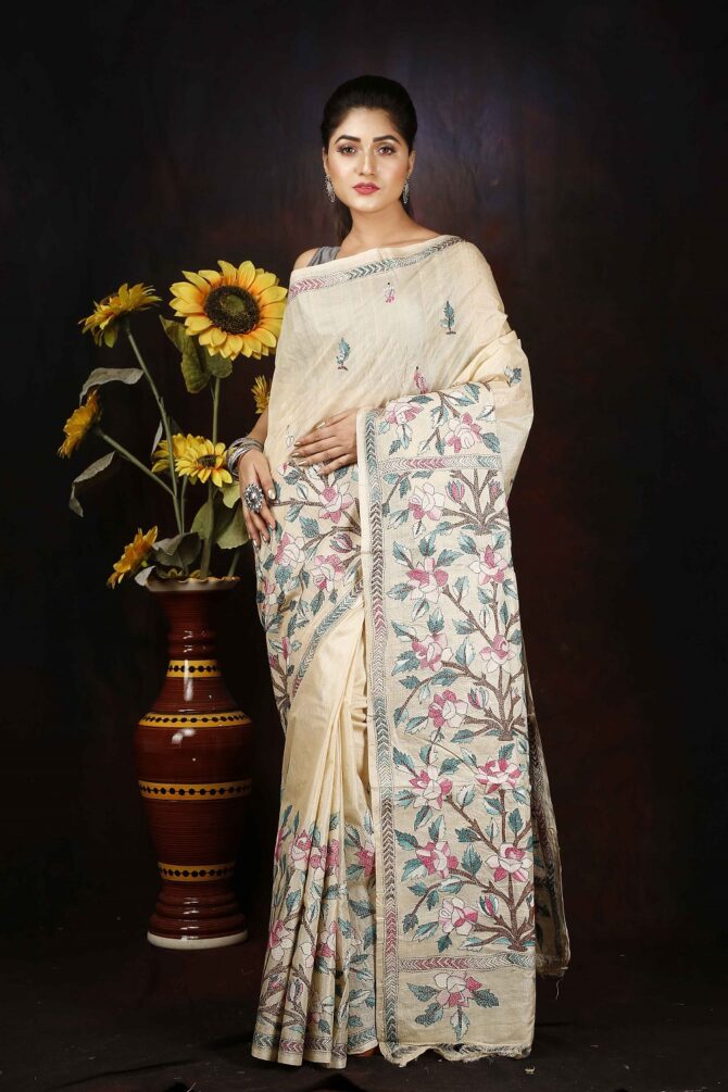 Cream Floral Embroidery Pure Tussar Saree