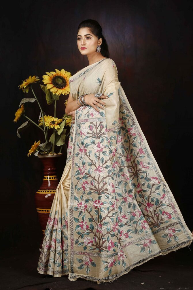 Cream Floral Embroidery Pure Tussar Saree