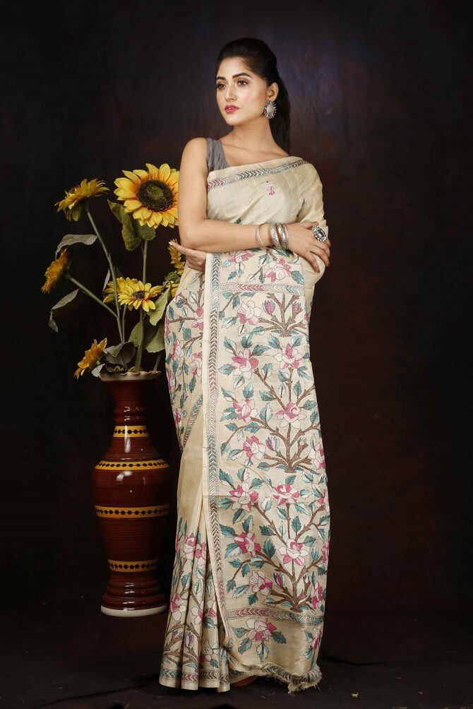Cream Floral Embroidery Pure Tussar Saree
