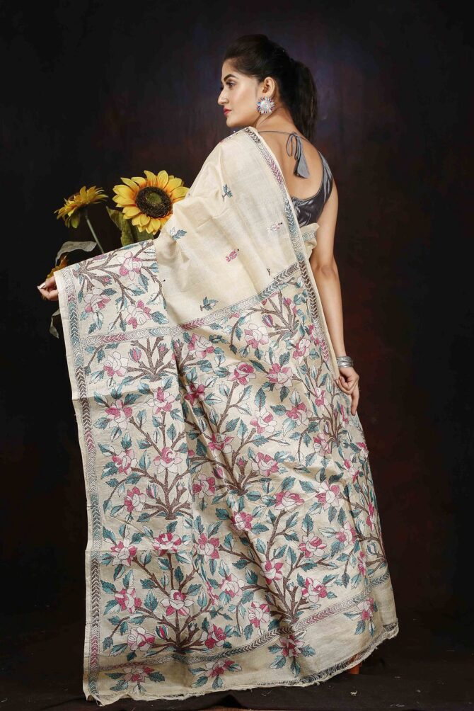 Cream Floral Embroidery Pure Tussar Saree