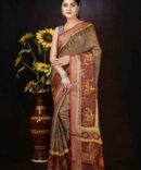 Brown Kalamkari Linen Digital Print Saree