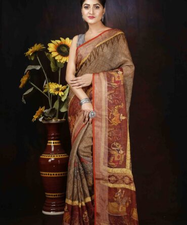 Brown Kalamkari Linen Digital Print Saree