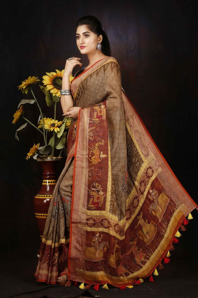 Brown Kalamkari Linen Digital Print Saree