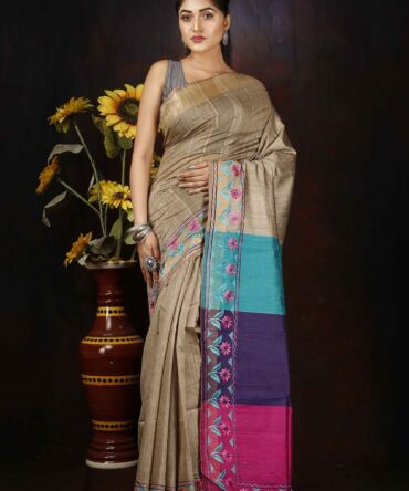 Tri-colour Floral Embroidery Tussar Saree