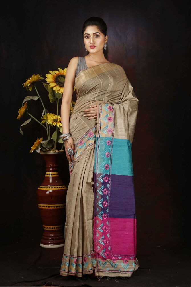 Tri-colour Floral Embroidery Tussar Saree