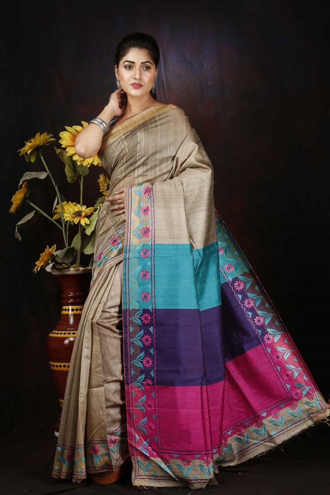 Tri-colour Floral Embroidery Tussar Saree