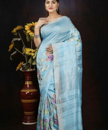 Celeste Blue Floral Embroidery Silk Linen Saree