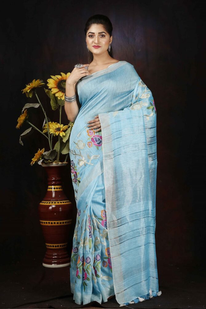 Celeste Blue Floral Embroidery Silk Linen Saree