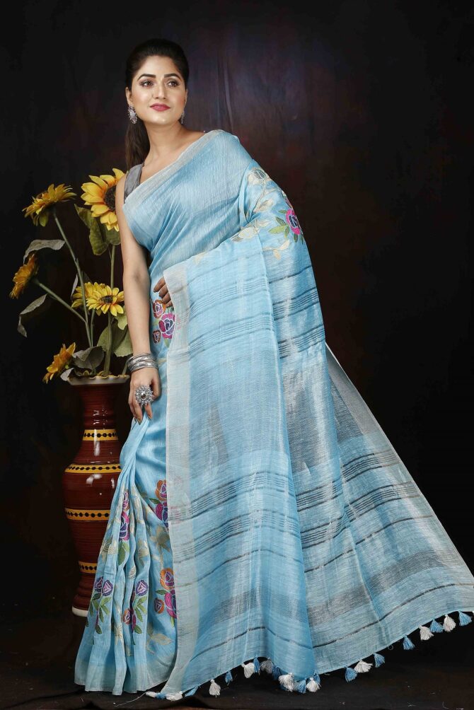 Celeste Blue Floral Embroidery Silk Linen Saree