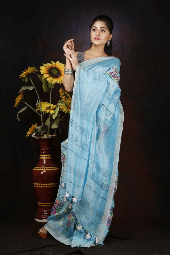 Celeste Blue Floral Embroidery Silk Linen Saree