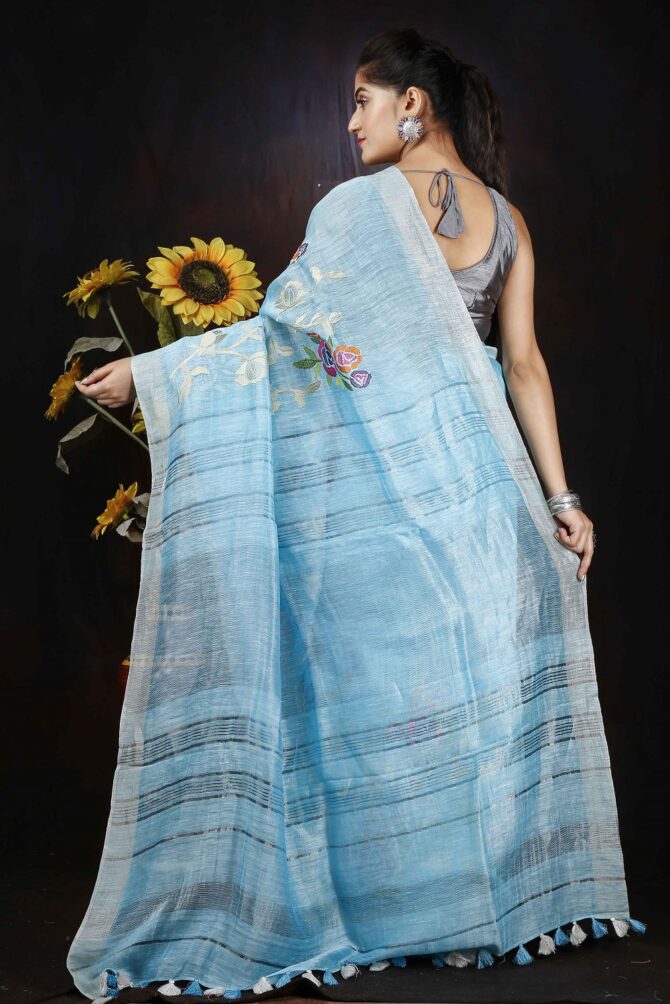 Celeste Blue Floral Embroidery Silk Linen Saree