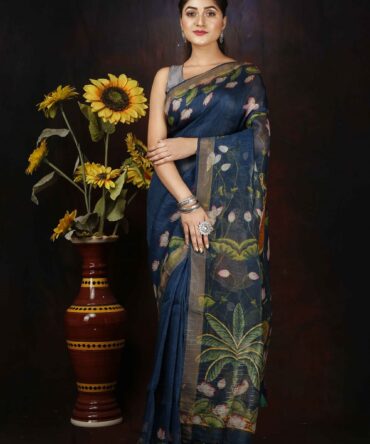 Saphire Blue Kalamkari Silk Linen Digital Print Saree