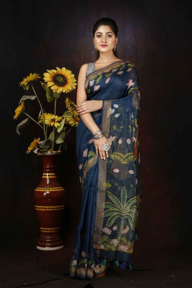 Saphire Blue Kalamkari Silk Linen Digital Print Saree