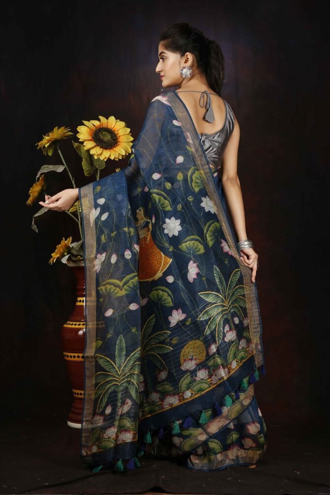 Saphire Blue Kalamkari Silk Linen Digital Print Saree