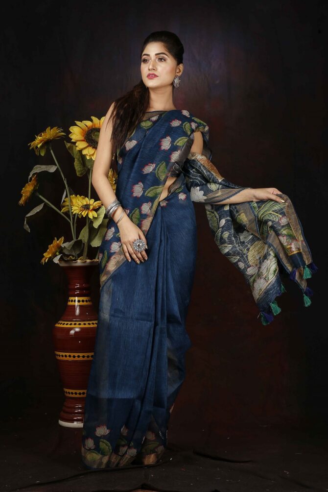 Saphire Blue Kalamkari Silk Linen Digital Print Saree