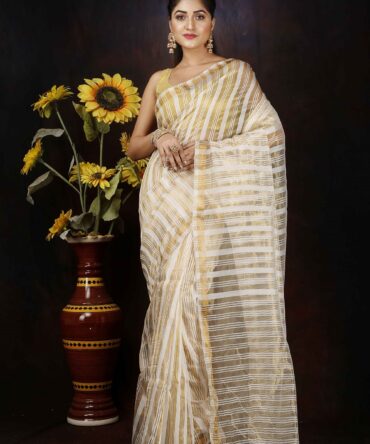 Off White Stripped Zari Silk Saree