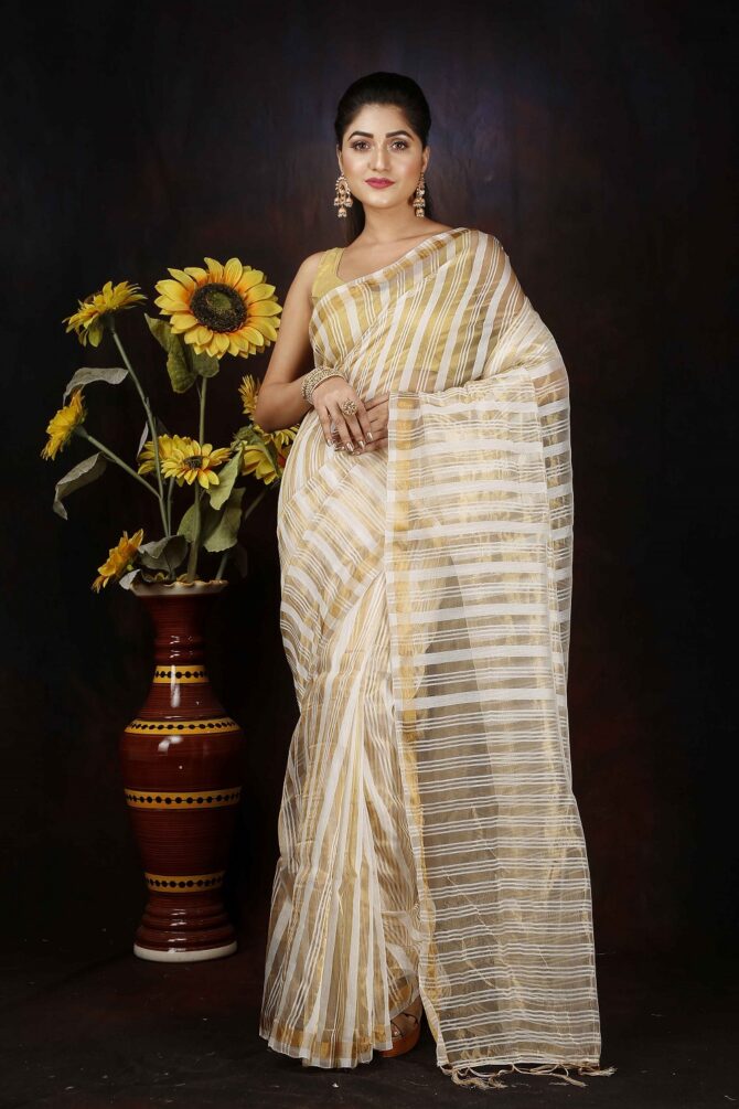 Off White Stripped Zari Silk Saree