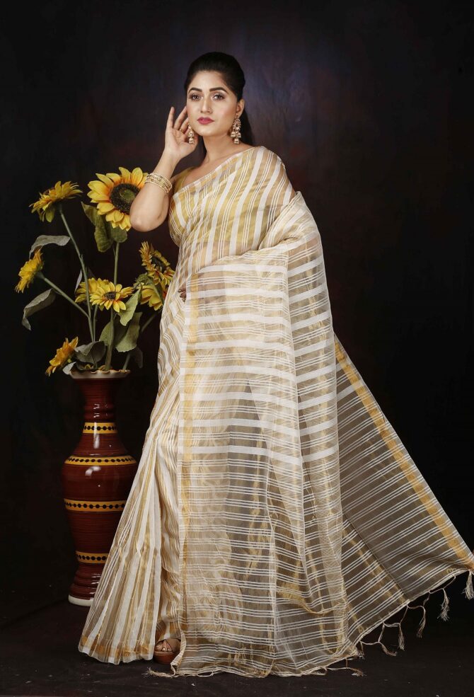 Off White Stripped Zari Silk Saree