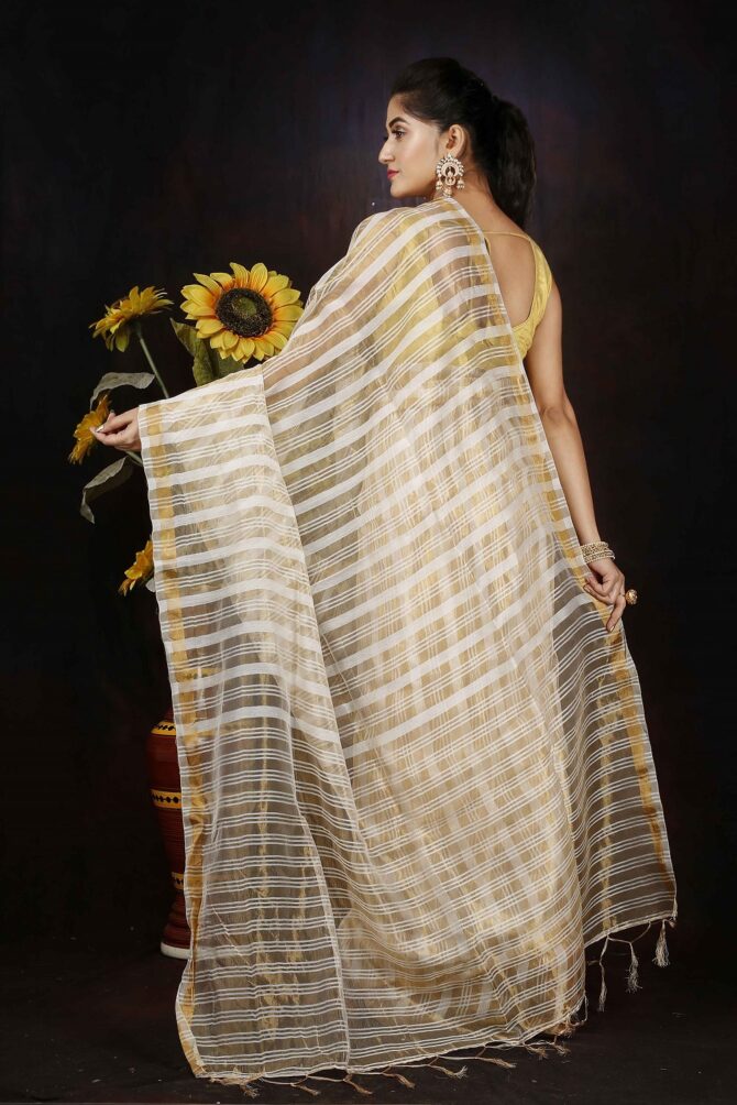 Off White Stripped Zari Silk Saree