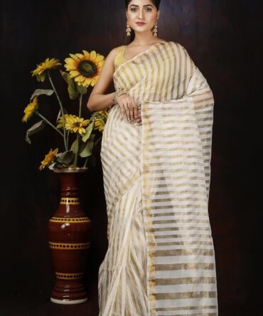White Stripped Zari Silk Saree