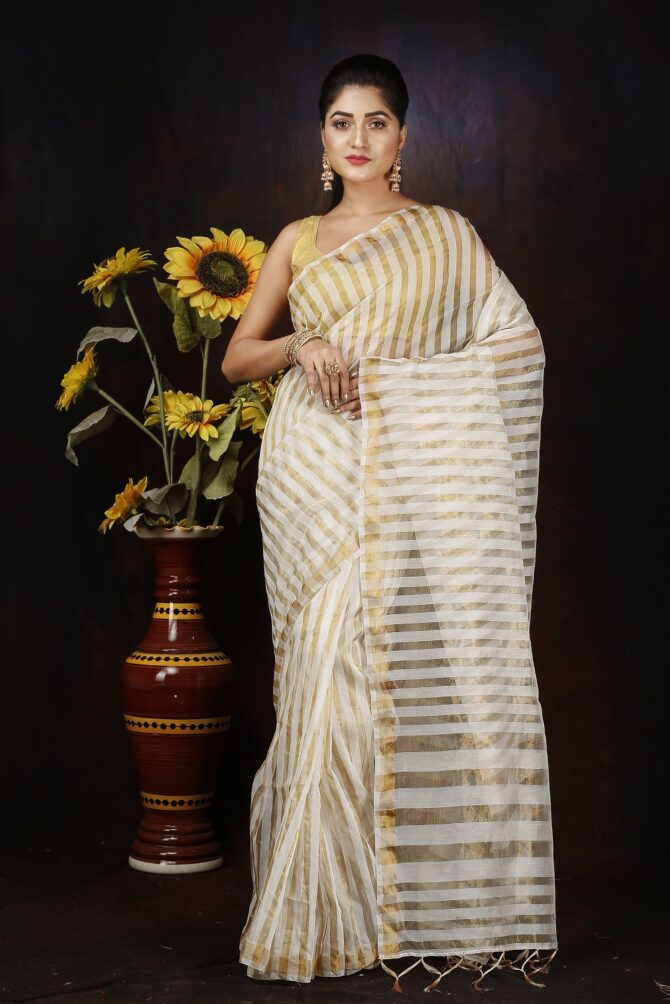 White Stripped Zari Silk Saree