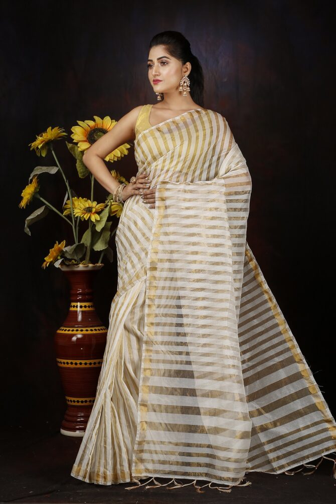 White Stripped Zari Silk Saree