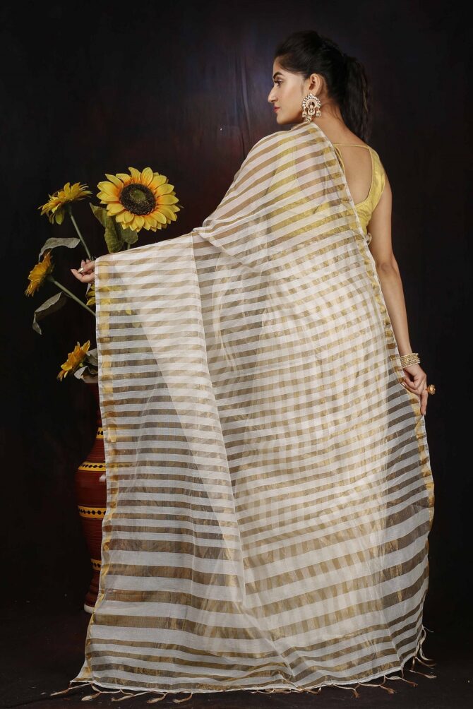 Off White Stripped Zari Silk Saree