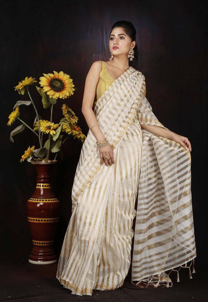 Off White Stripped Zari Silk Saree