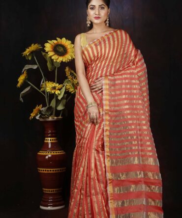 Pink and Gold Zari Silk Stripped Saree