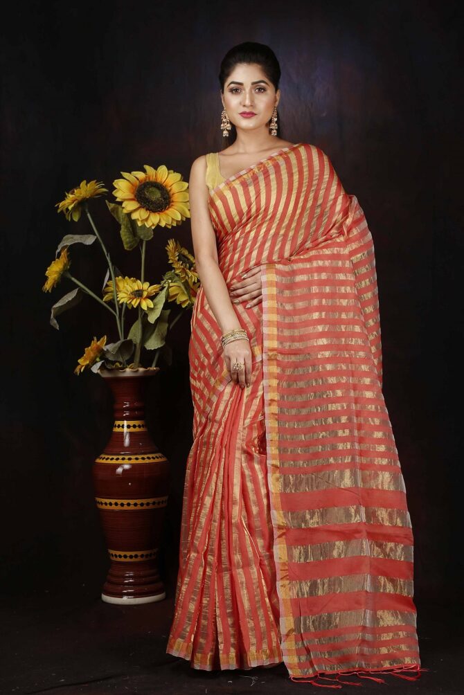 Pink and Gold Zari Silk Stripped Saree