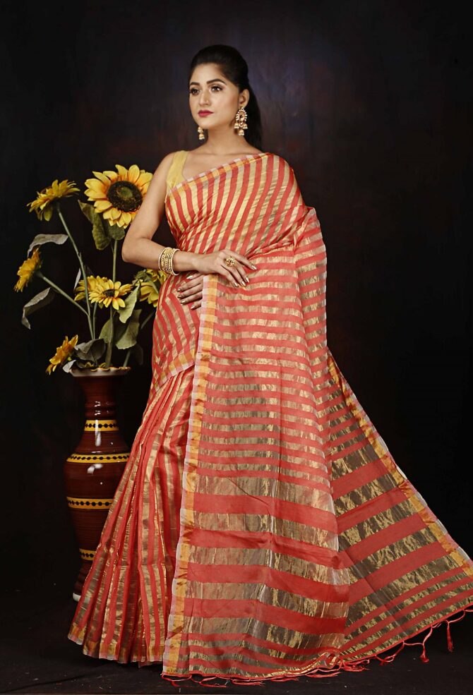 Pink and Gold Zari Silk Stripped Saree
