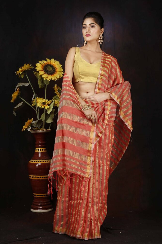 Pink and Gold Zari Silk Stripped Saree
