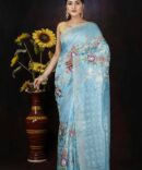 Sky Blue Floral Embroidery Silk Linen Saree