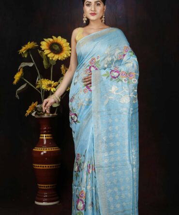Sky Blue Floral Embroidery Silk Linen Saree